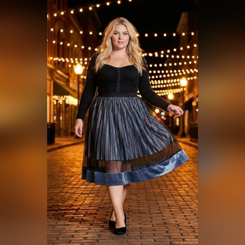 Lane Bryant Womens Plus Elegant Black Sheer Blue Velvet Skirt Sexy Classy NWOT